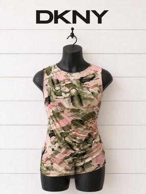 DKNY Pink & Olive Abstract Print Ruched Top Size S